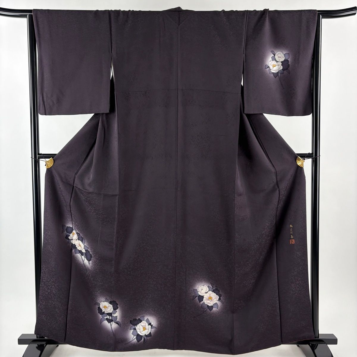 付下げ 身丈162.5 cm 裄丈66 M 袷 落款 椿 地紋 金銀彩 濃紫 正絹