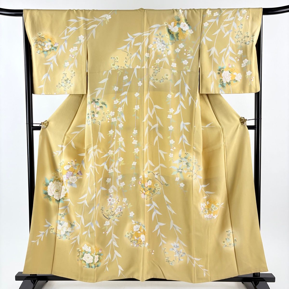 訪問着 身丈158cm 裄丈67.5cm L 袷 花丸文 草花 金彩 金糸 黄土色 正絹