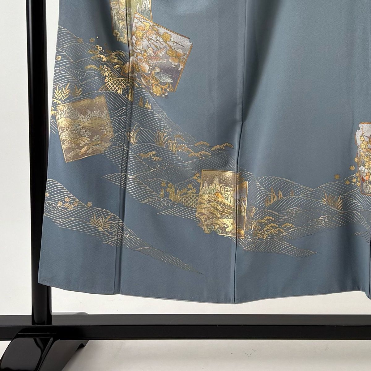 色留袖 身丈152 cm 裄丈65 M 袷 和田光正 落款 破れ色紙 波 金銀彩 青灰色 正絹 一つ紋