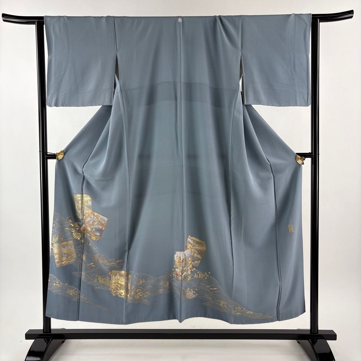 色留袖 身丈152 cm 裄丈65 M 袷 和田光正 落款 破れ色紙 波 金銀彩 青灰色 正絹 一つ紋