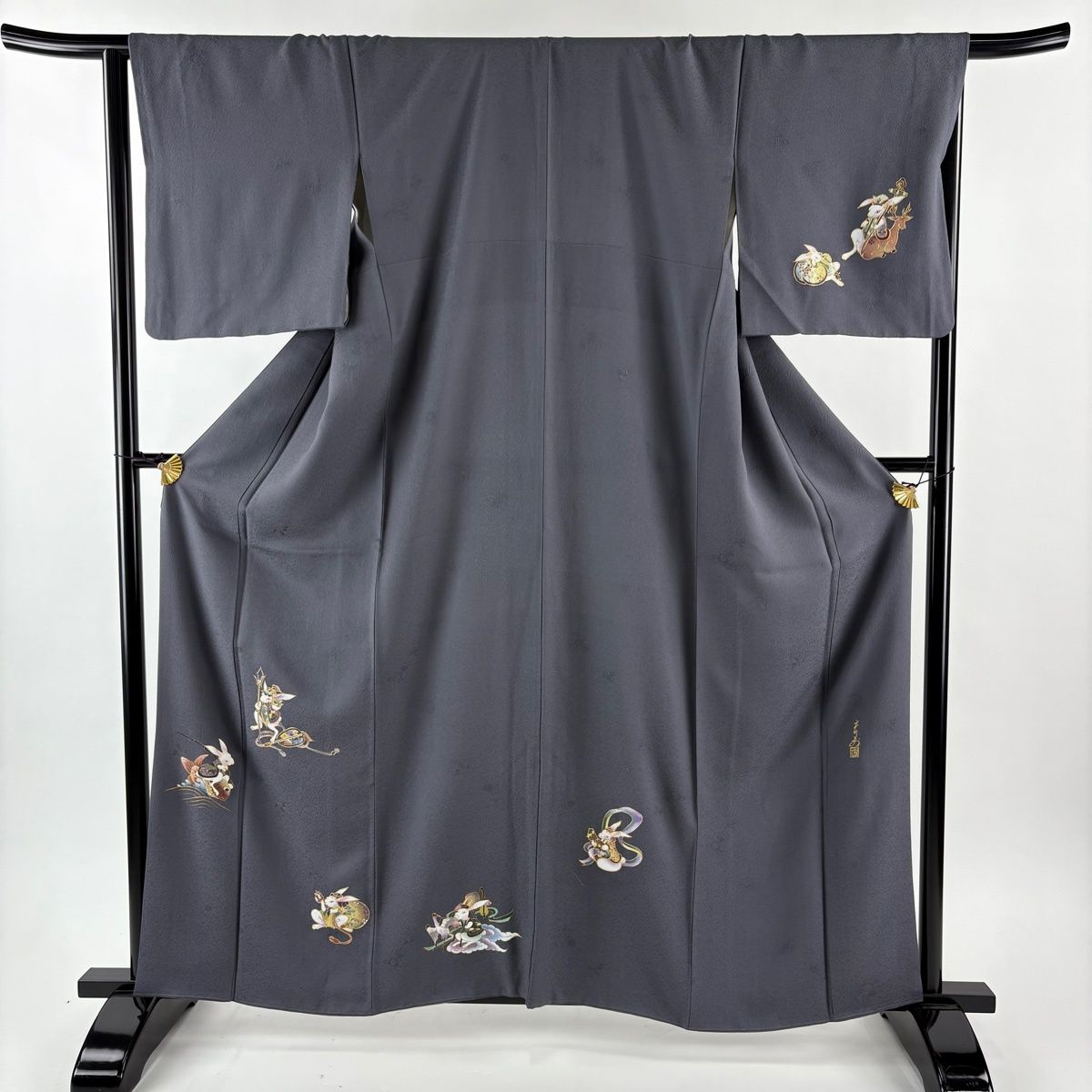 付下げ 身丈161 cm 裄丈66 M 袷 島田えり茂 落款 うさぎ 魚 金彩 灰色 正絹