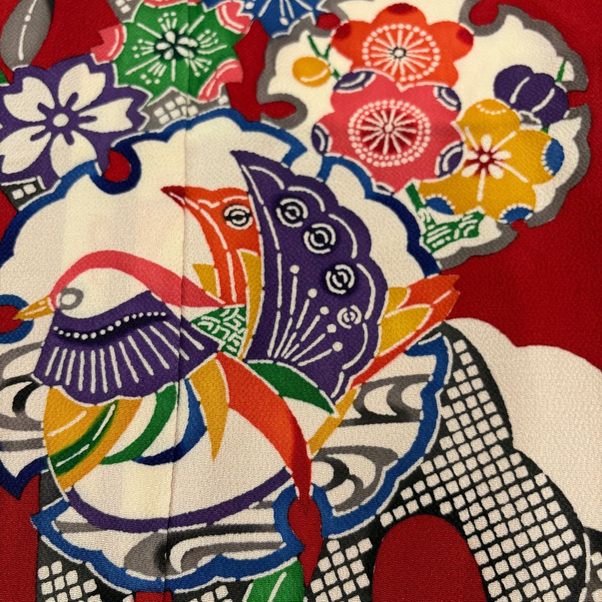  振袖 身丈155 cm 裄丈64.5 M 袷 落款 雪輪 鴛鴦 縮緬 朱色 正絹 振袖 着物