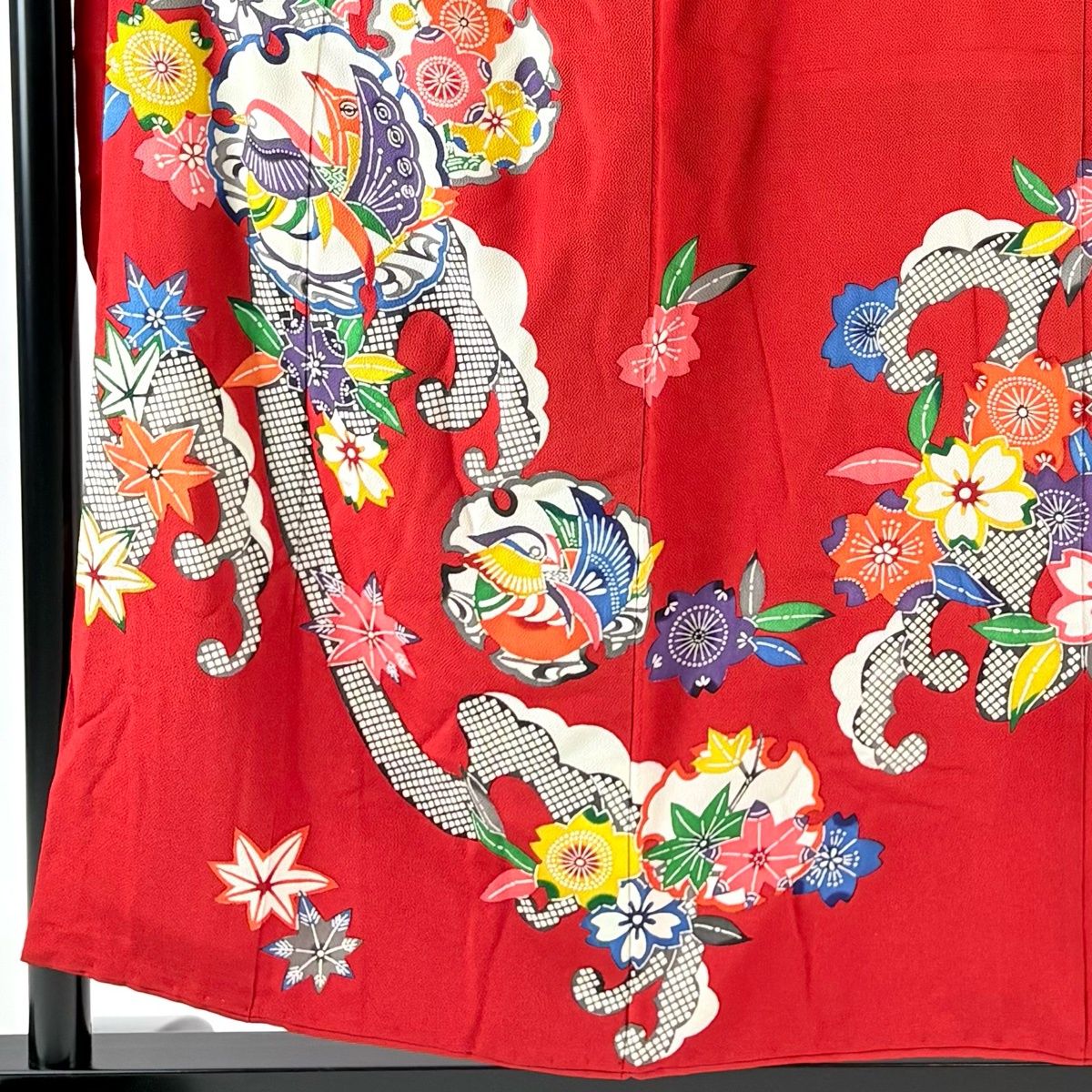 振袖 身丈155 cm 裄丈64.5 M 袷 落款 雪輪 鴛鴦 縮緬 朱色 正絹