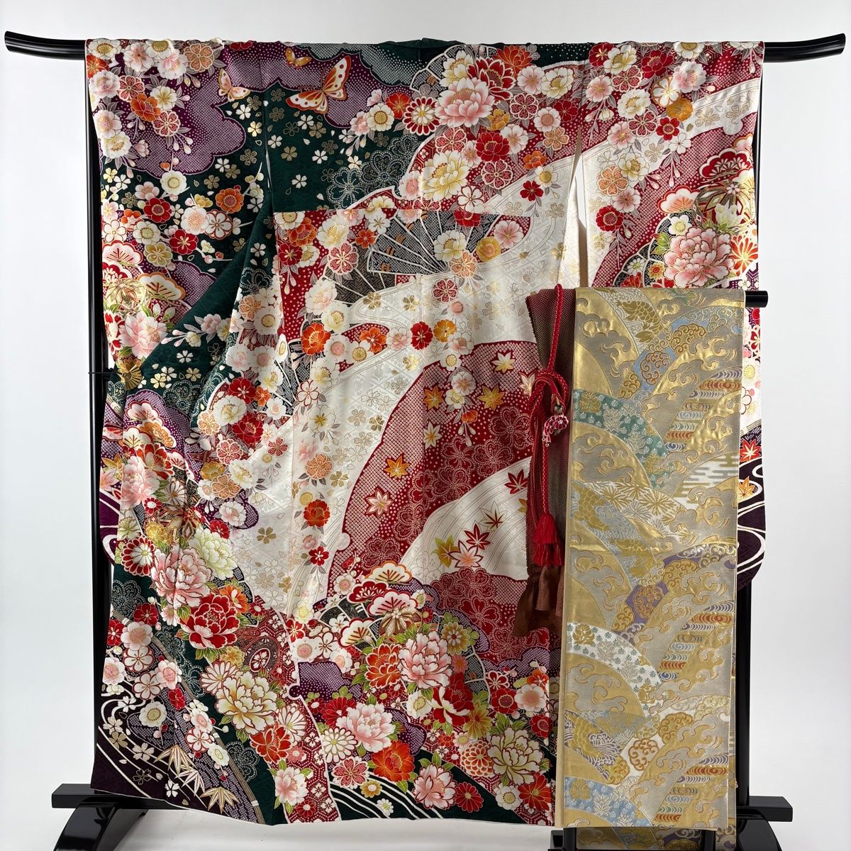 振袖 身丈159.5 cm 裄丈66 M 袷 袋帯フルセット 手鞠 草花 金糸 金彩 深緑 正絹