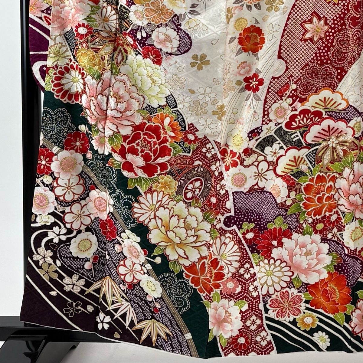 振袖 身丈159.5 cm 裄丈66 M 袷 袋帯フルセット 手鞠 草花 金糸 金彩 深緑 正絹