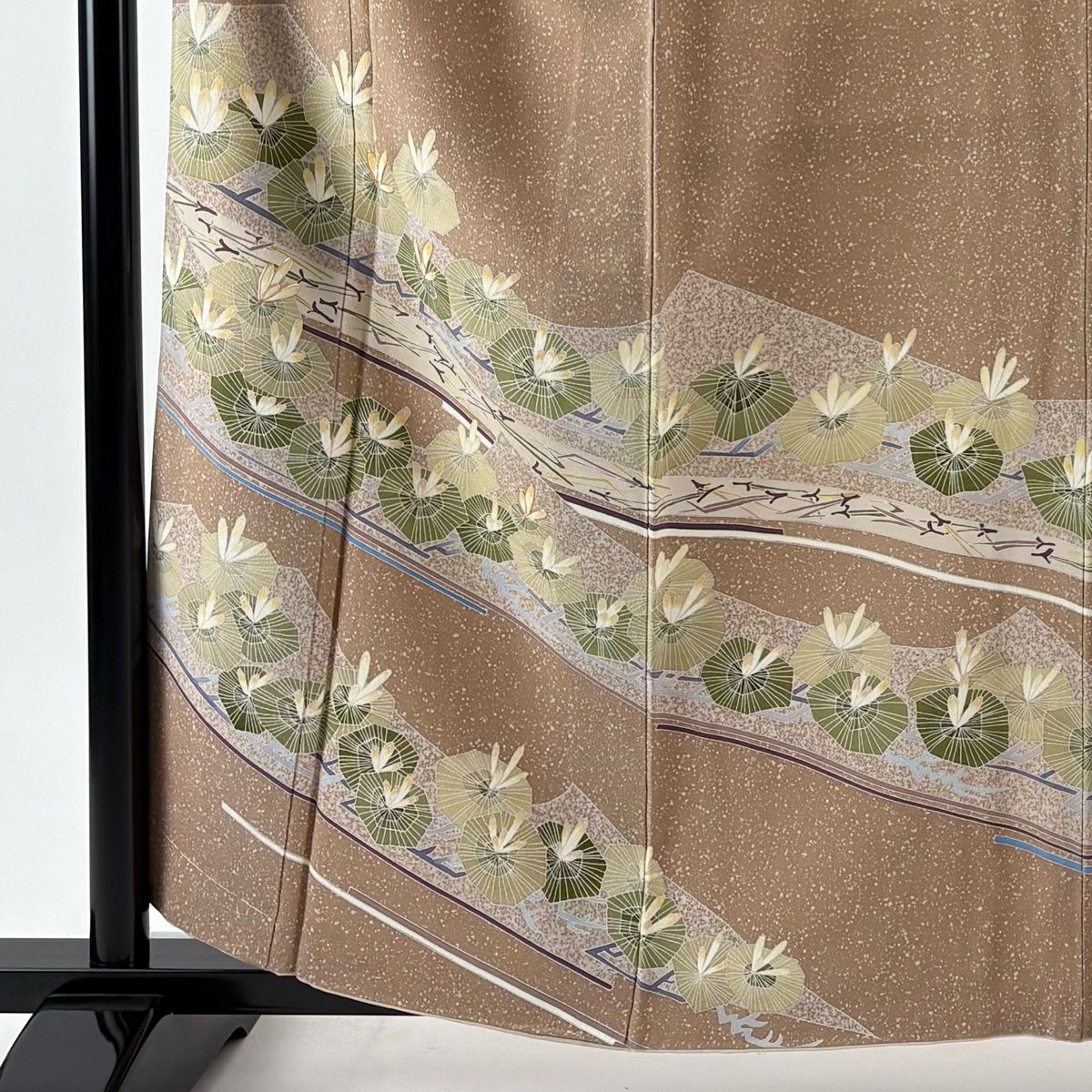 訪問着 身丈158.5 cm 裄丈65.5 M 袷 袋帯セット 落款 若松 松葉 金糸 薄茶色 正絹 秀品 一つ紋