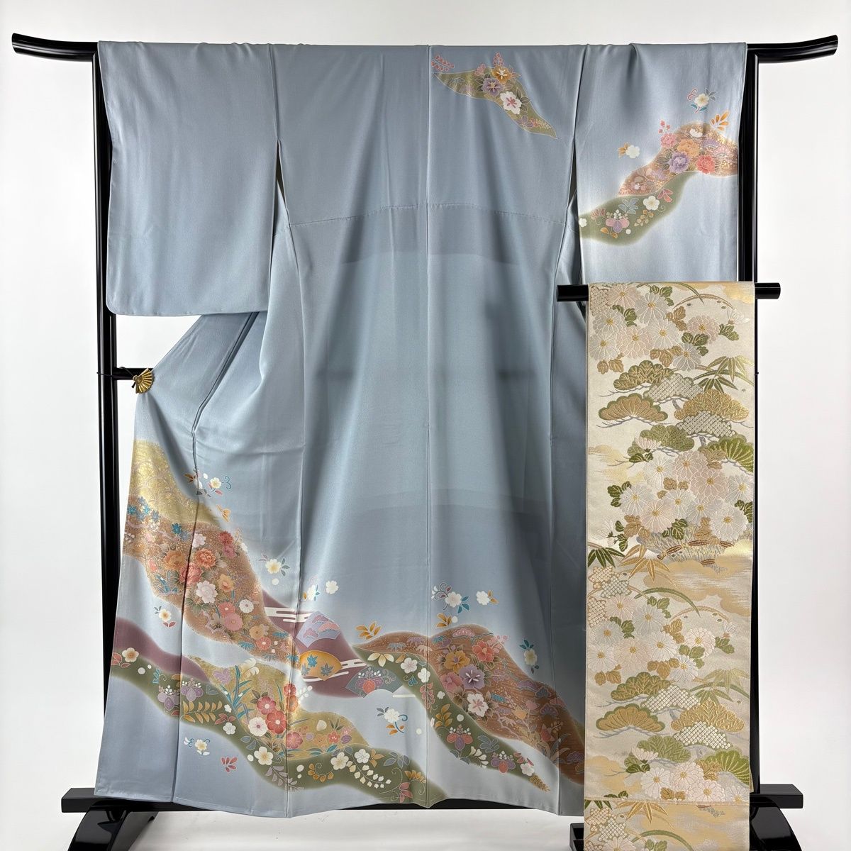 訪問着 身丈159 5 cm 裄丈66 M 袷 袋帯セット 草花 道長取り 金糸 金彩｀ 青灰色 正絹 秀品