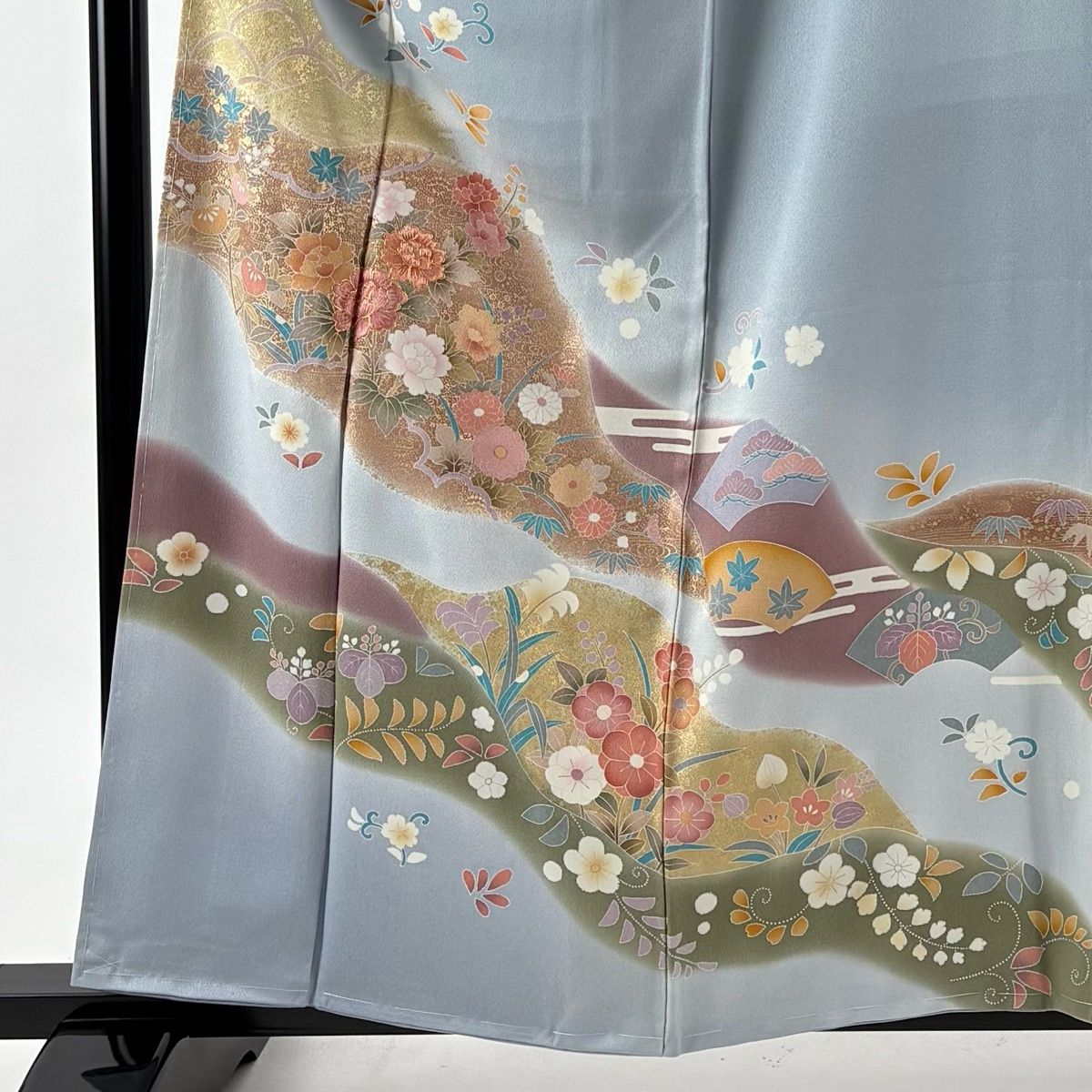 訪問着 身丈159.5 cm 裄丈66 M 袷 袋帯セット 草花 道長取り 金糸 金彩｀ 青灰色 正絹 秀品