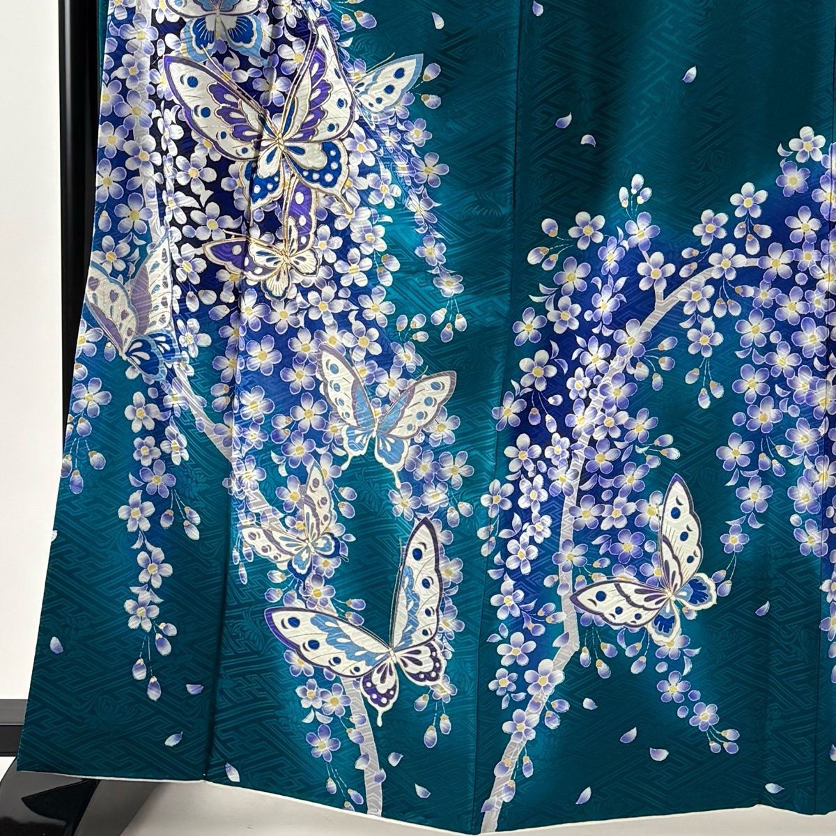 振袖 身丈163.5 cm 裄丈67.5 L 袷 袋帯フルセット 鈴乃屋 蝶 梅 金彩 ぼかし 青緑 正絹 秀品