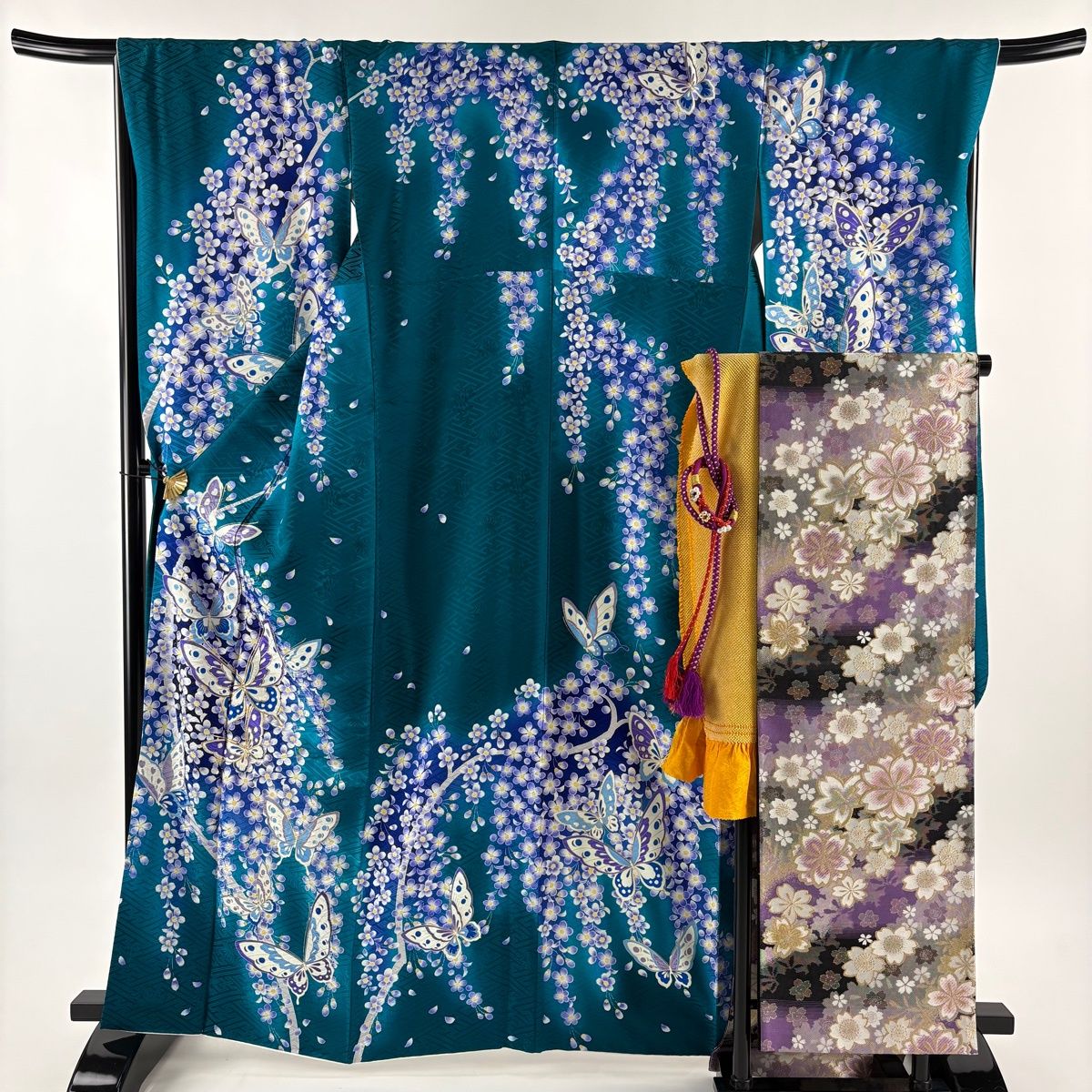 振袖 身丈163.5 cm 裄丈67.5 L 袷 袋帯フルセット 鈴乃屋 蝶 梅 金彩 ぼかし 青緑 正絹 秀品