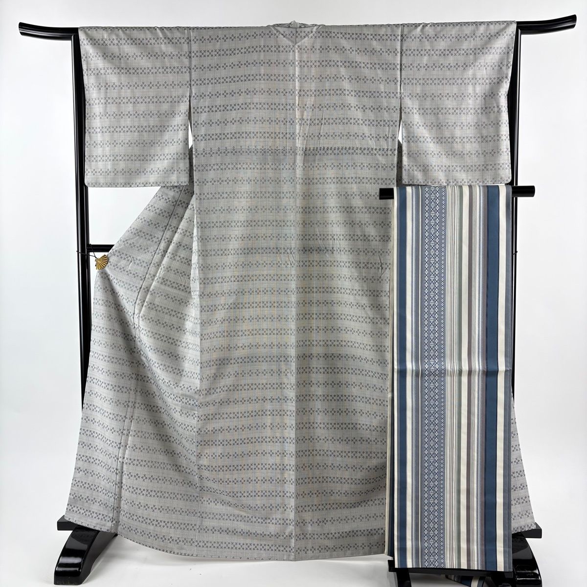 紬 身丈165 cm 裄丈64.5 M 袷 袋帯セット 格子 幾何学模様 灰色 正絹