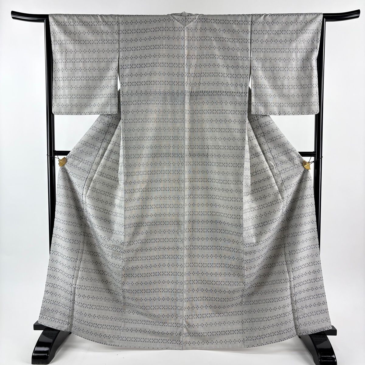  紬 身丈165 cm 裄丈64.5 M 袷 袋帯セット 格子 幾何学模様 灰色 正絹 紬 着物