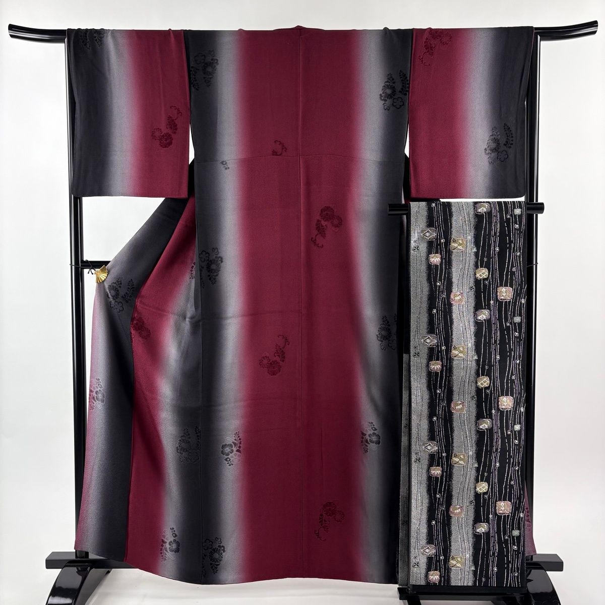 小紋 身丈160 5 cm 裄丈65 M 袷 袋帯セット 草花 縦ぼかし えんじ色 正絹