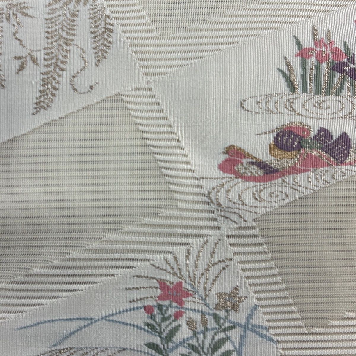 名古屋帯 秀品 夏帯 絽 八寸名古屋帯 松葉仕立て 鴛鴦 草花 金糸 クリーム 正絹