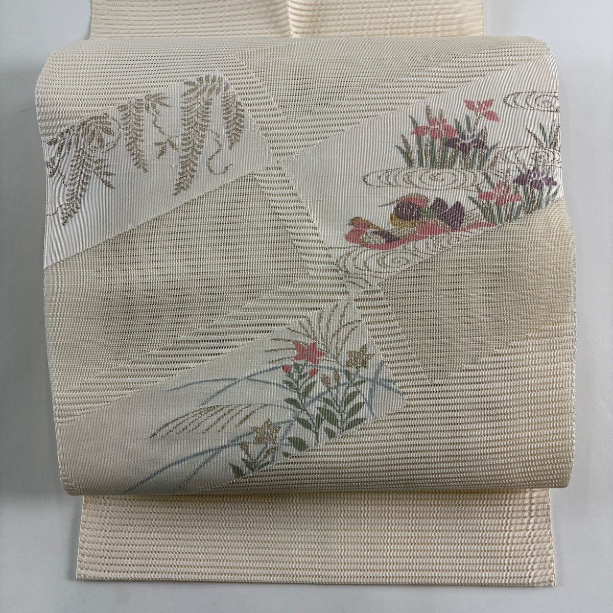 名古屋帯 秀品 夏帯 絽 八寸名古屋帯 松葉仕立て 鴛鴦 草花 金糸 クリーム 正絹