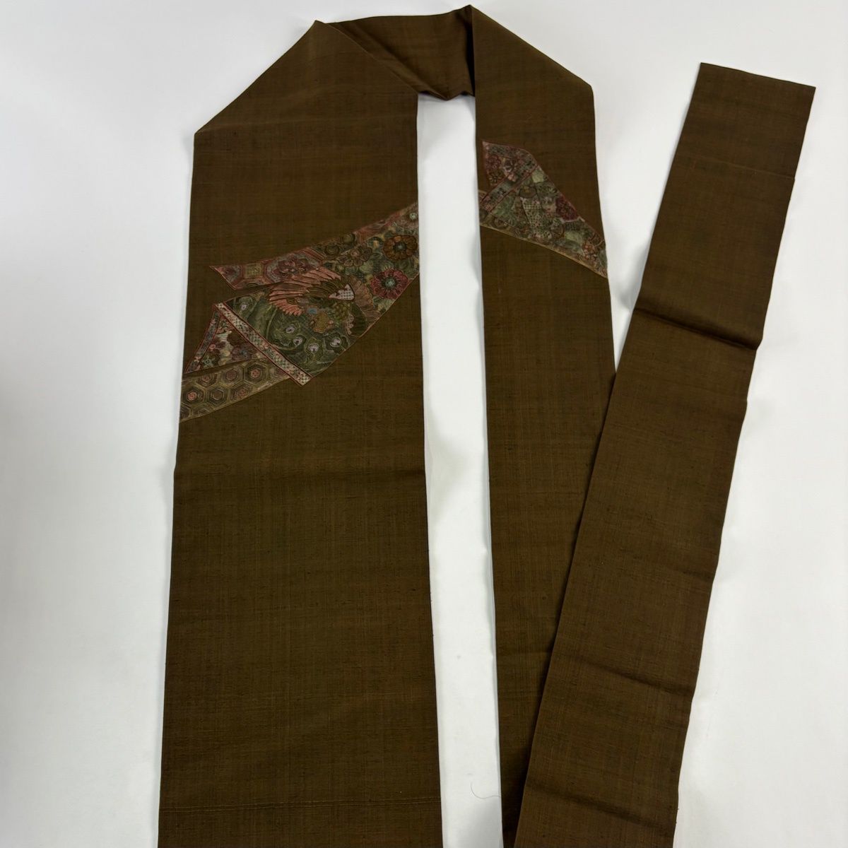  名古屋帯 秀品 紬地 花鳥 刺繍 焦茶色 正絹 名古屋帯 帯