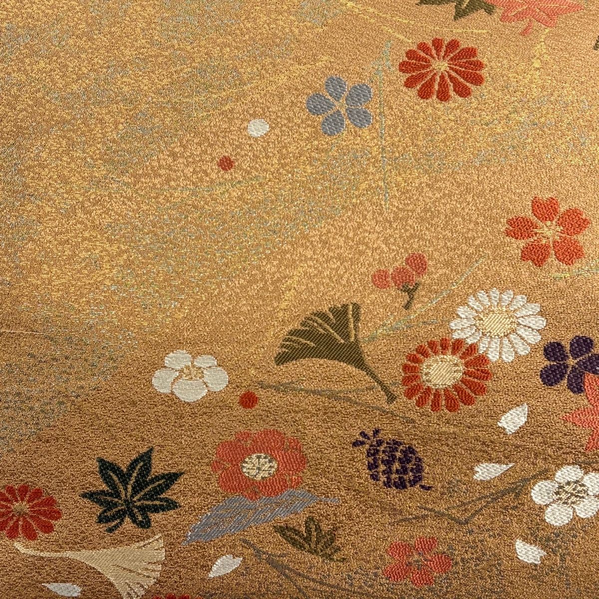 名古屋帯 秀品 花 松葉 箔 山吹茶色 正絹