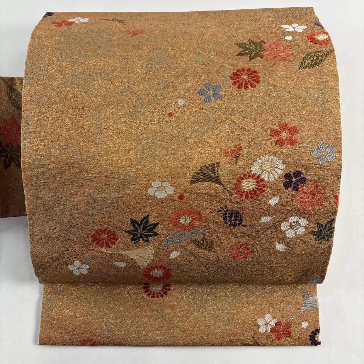 名古屋帯 秀品 花 松葉 箔 山吹茶色 正絹