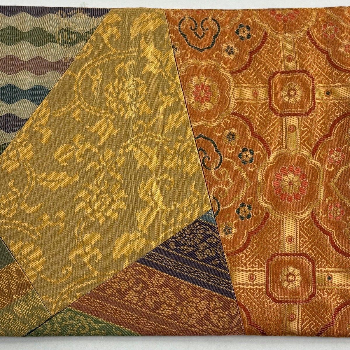  名古屋帯 秀品 花唐草 切り嵌め 箔 オレンジ 正絹 名古屋帯 帯