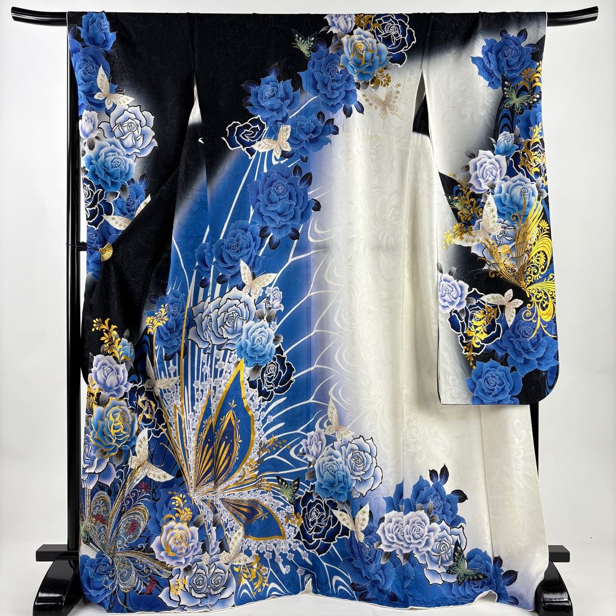 振袖 身丈174 5 cm 裄丈69 L 袷 薔薇 蝶 銀通し 箔 青 正絹