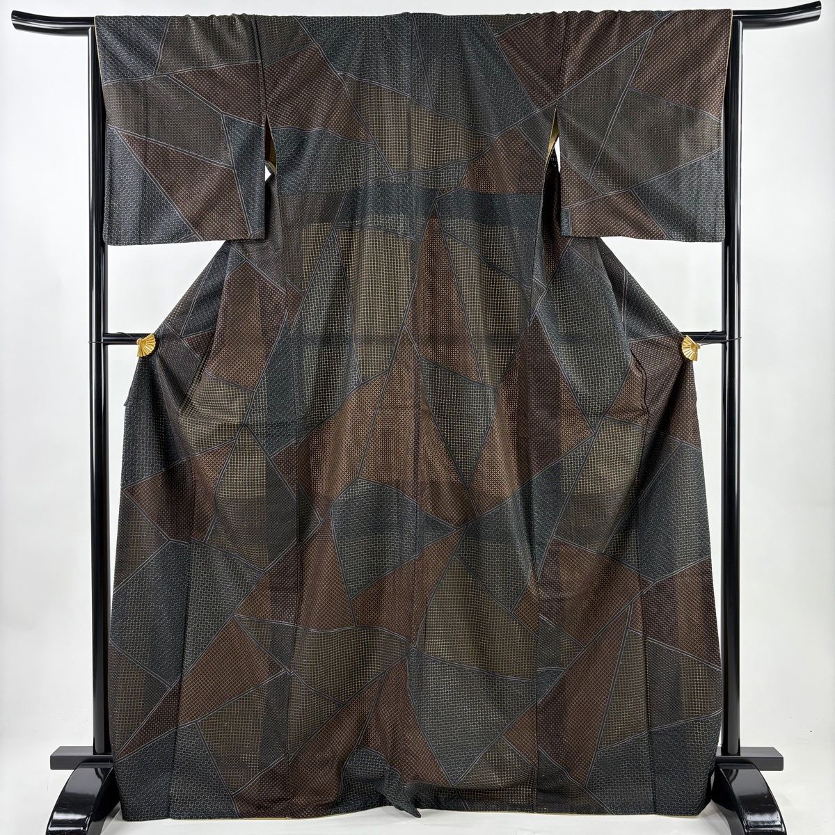 小紋 身丈170 cm 裄丈66 M 袷 幾何学模様 刺繍 茶緑色 正絹