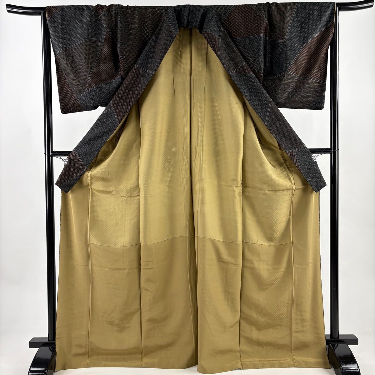  小紋 身丈170 cm 裄丈66 M 袷 幾何学模様 刺繍 茶緑色 正絹 小紋 着物