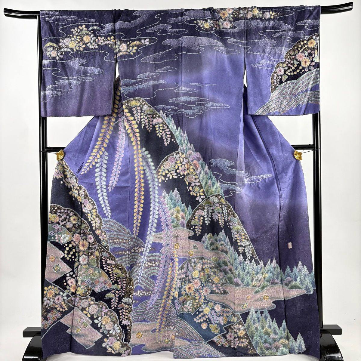 訪問着 身丈168 cm 裄丈69.5 L 袷 翠山工房 落款 辻が花 扇面 銀通し 金彩 紫 正絹