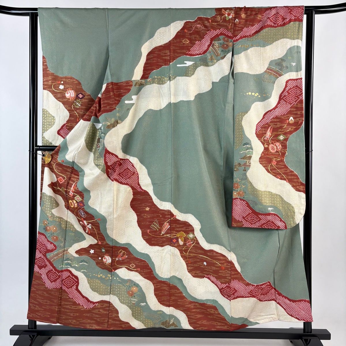 振袖 身丈157 cm 裄丈63 S 袷 鼓 草花 刺繍 金銀糸 灰緑 正絹 秀品