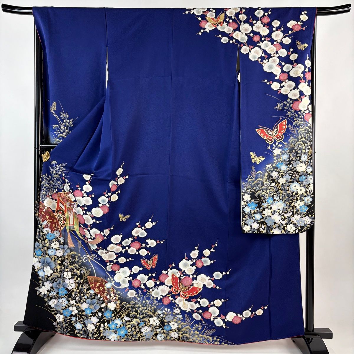 振袖 身丈163 cm 裄丈67 M 袷 御所車 枝梅 金糸 金彩 紺色 正絹 秀品