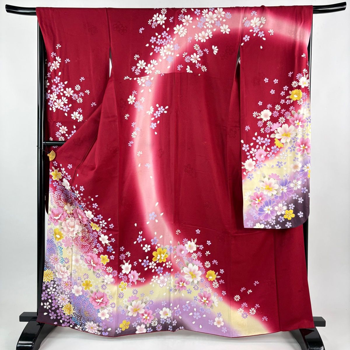 振袖 身丈164 cm 裄丈66.5 M 袷 草花 箔 ぼかし えんじ色 正絹 秀品