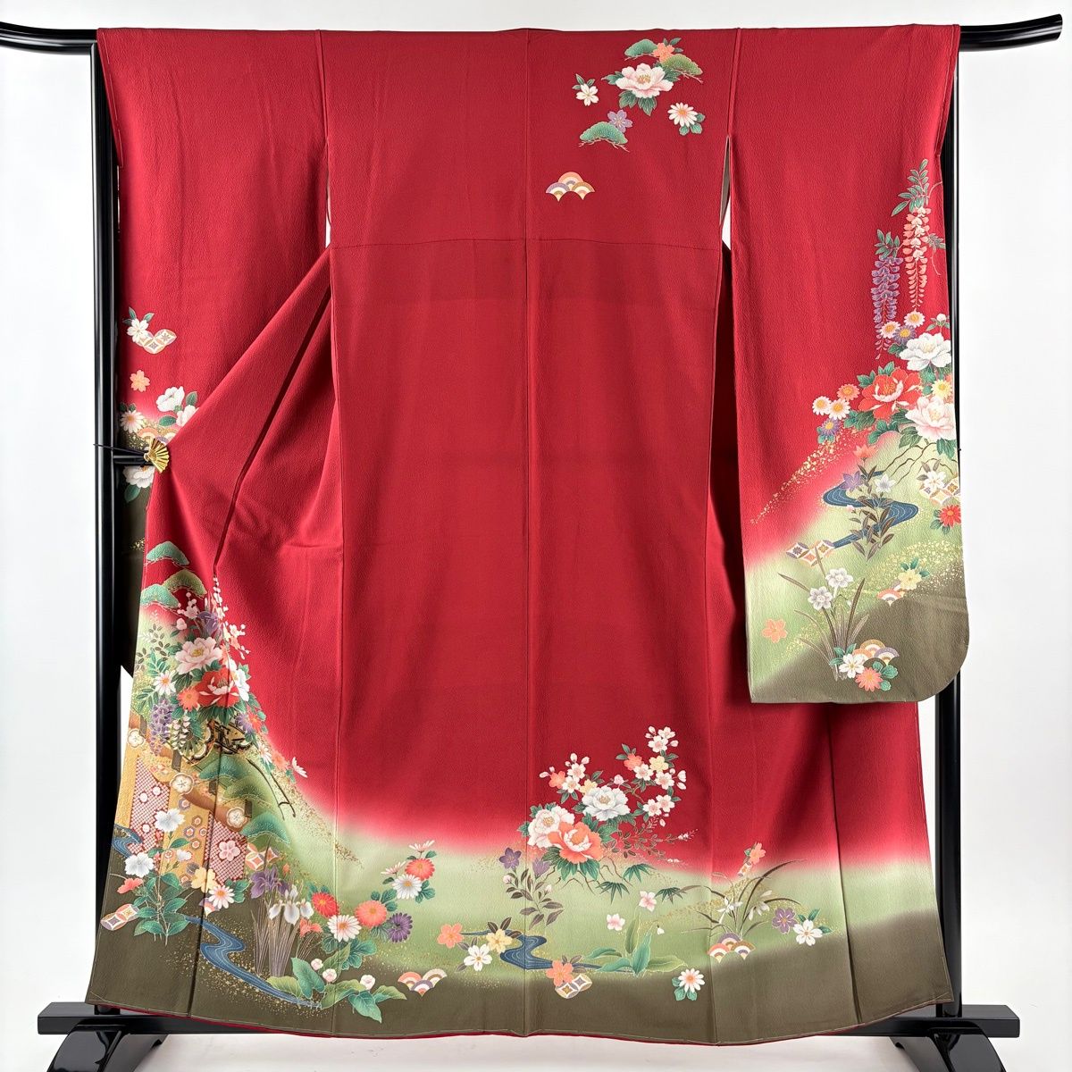 振袖 身丈159cm 裄丈65.5cm M 袷 花車 流水 刺繍 金彩 赤 正絹 秀品