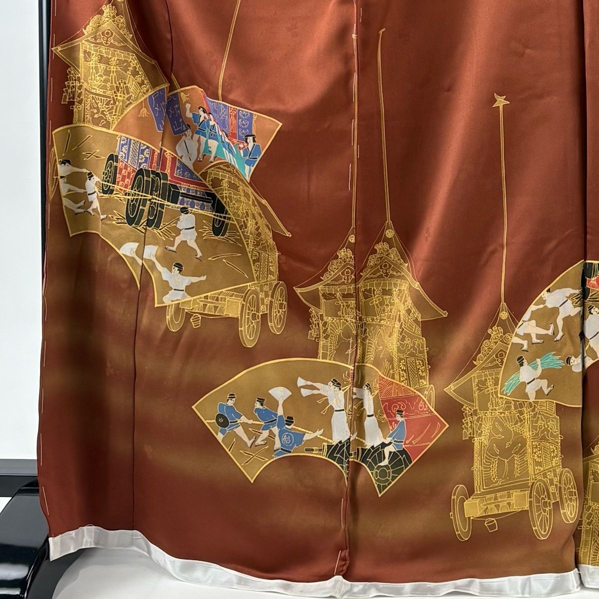 訪問着 身丈174 cm 裄丈69.5 L 未仕立て 仮絵羽 落款 扇面 山鉾 金彩 ぼかし 赤茶 正絹 秀品