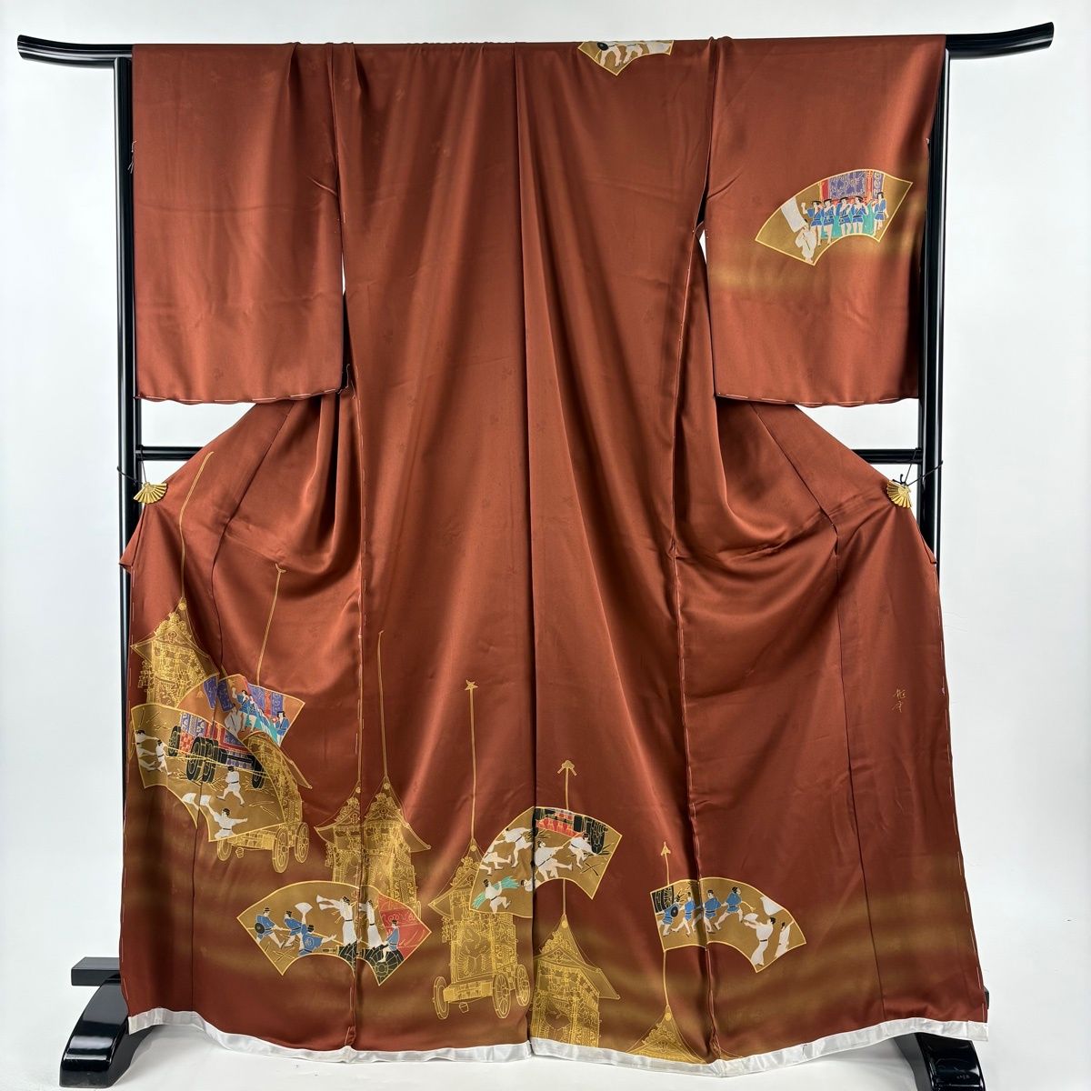 訪問着 身丈174 cm 裄丈69.5 L 未仕立て 仮絵羽 落款 扇面 山鉾 金彩 ぼかし 赤茶 正絹 秀品