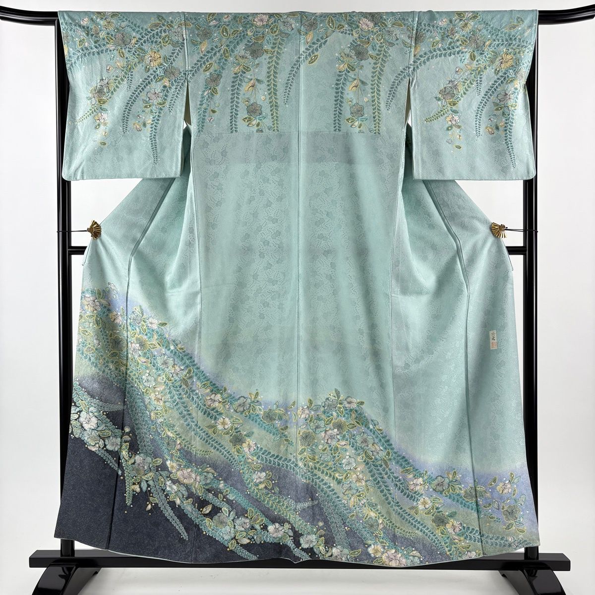 訪問着 身丈158 cm 裄丈65.5 M 袷 落款 辻が花柄 地紋 金彩 ぼかし 薄緑 正絹 秀品