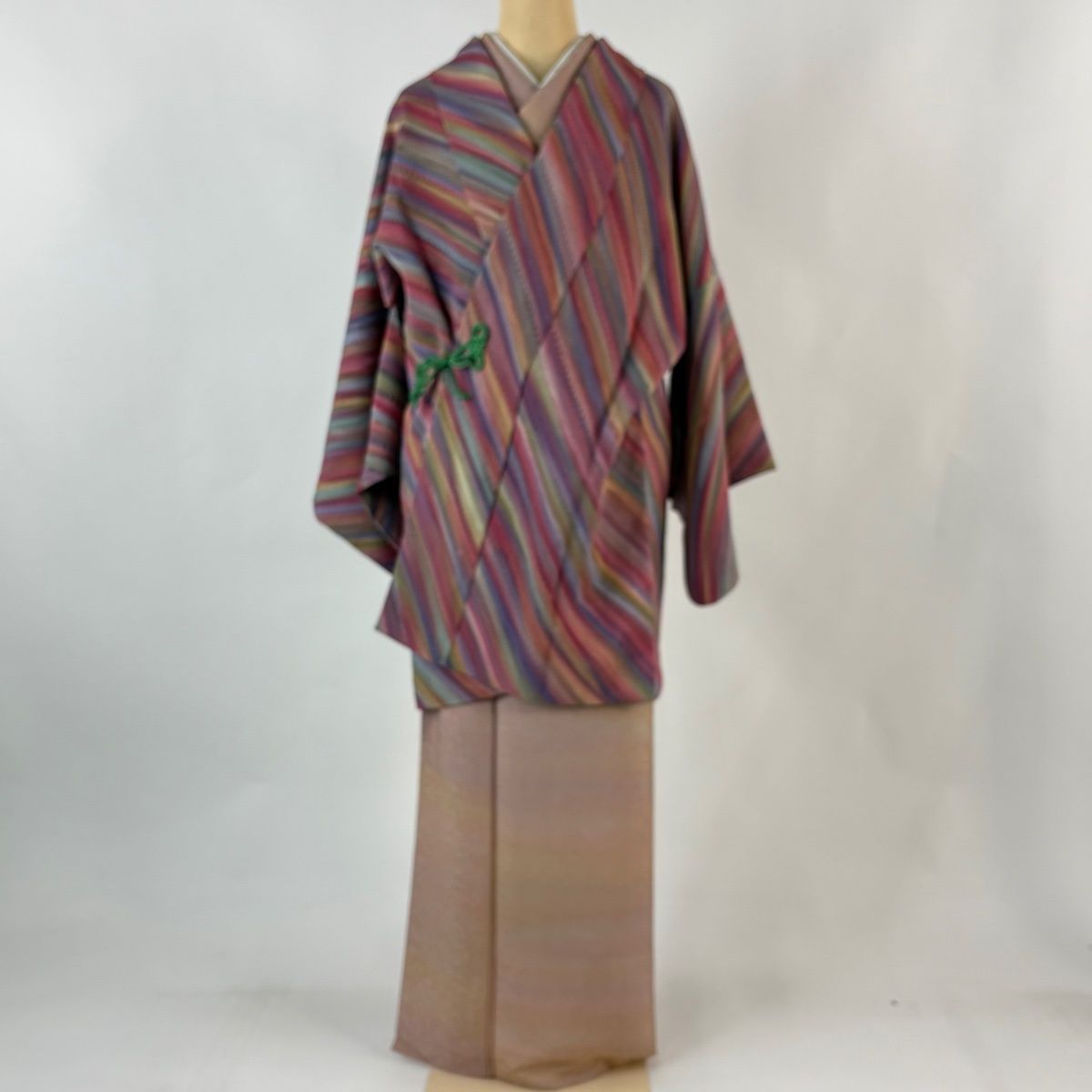 道中着 身丈89 cm 裄丈66.5 M 和装コート 斜縞 赤紫 正絹 秀品