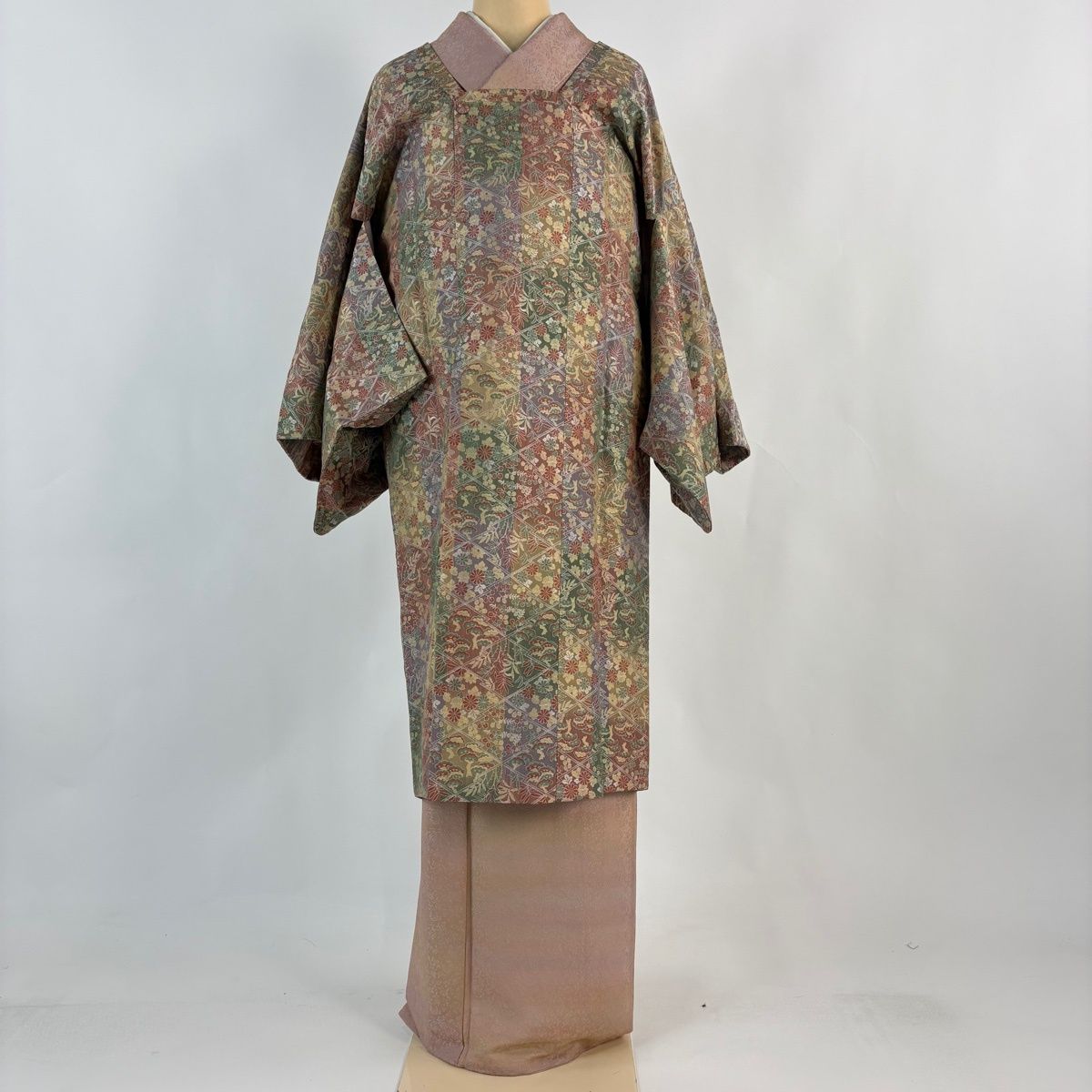 道行 身丈101 cm 裄丈67.5 L 和装コート 角衿 草花 松 灰緑 正絹 秀品