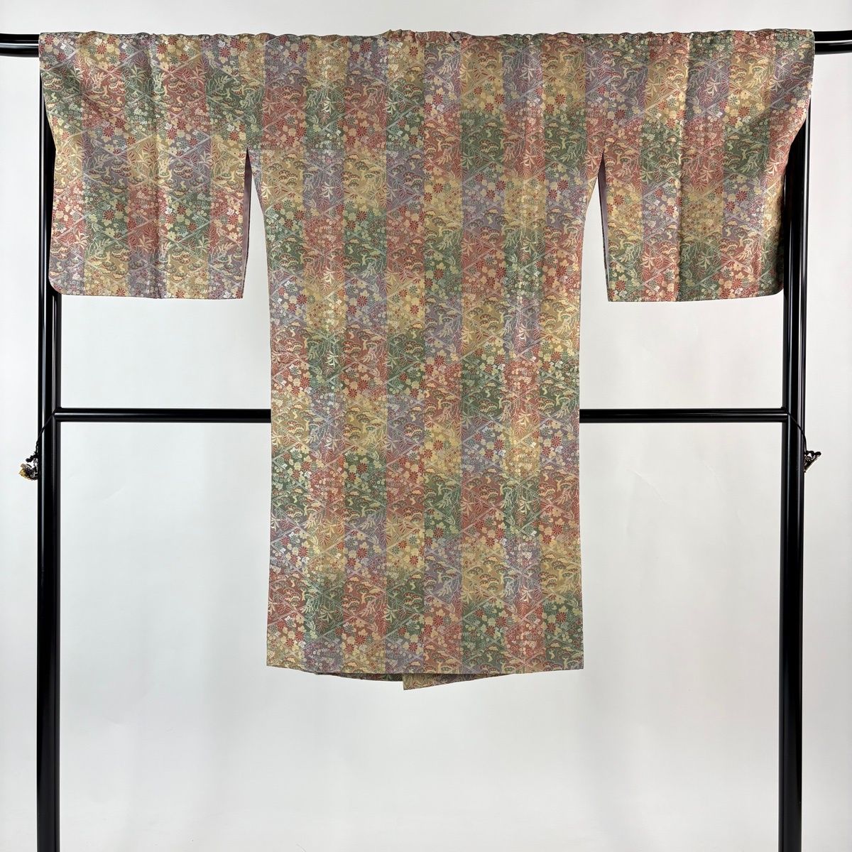 道行 身丈101 cm 裄丈67.5 L 和装コート 角衿 草花 松 灰緑 正絹 秀品