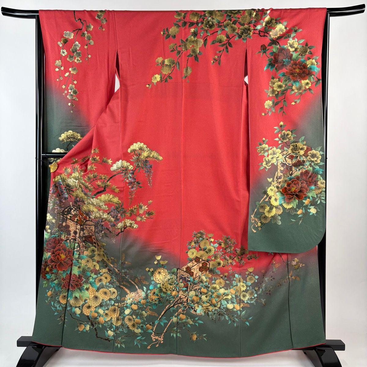 振袖 身丈163 cm 裄丈65 5 M 袷 御所車 草花 金彩 金通し 茜色 正絹 秀品