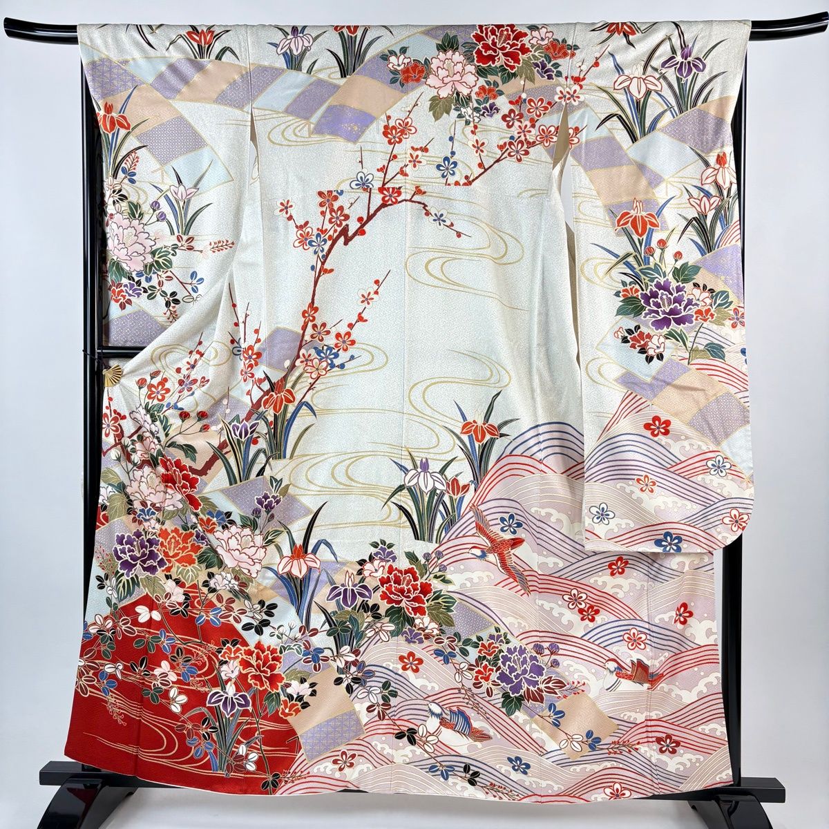 振袖 身丈161 cm 裄丈67 M 袷 牡丹 萩 金糸 金彩 クリーム 正絹 秀品