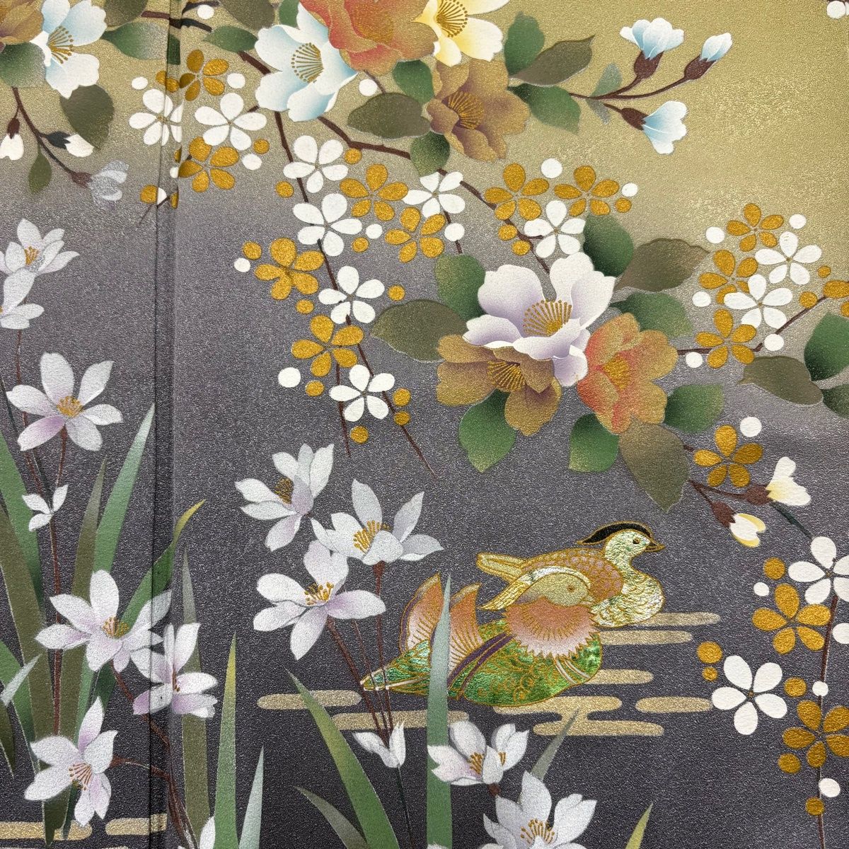 訪問着 身丈160.5cm 裄丈64cm M 袷 草花 鴛鴦 金彩 染め分け ベージュ