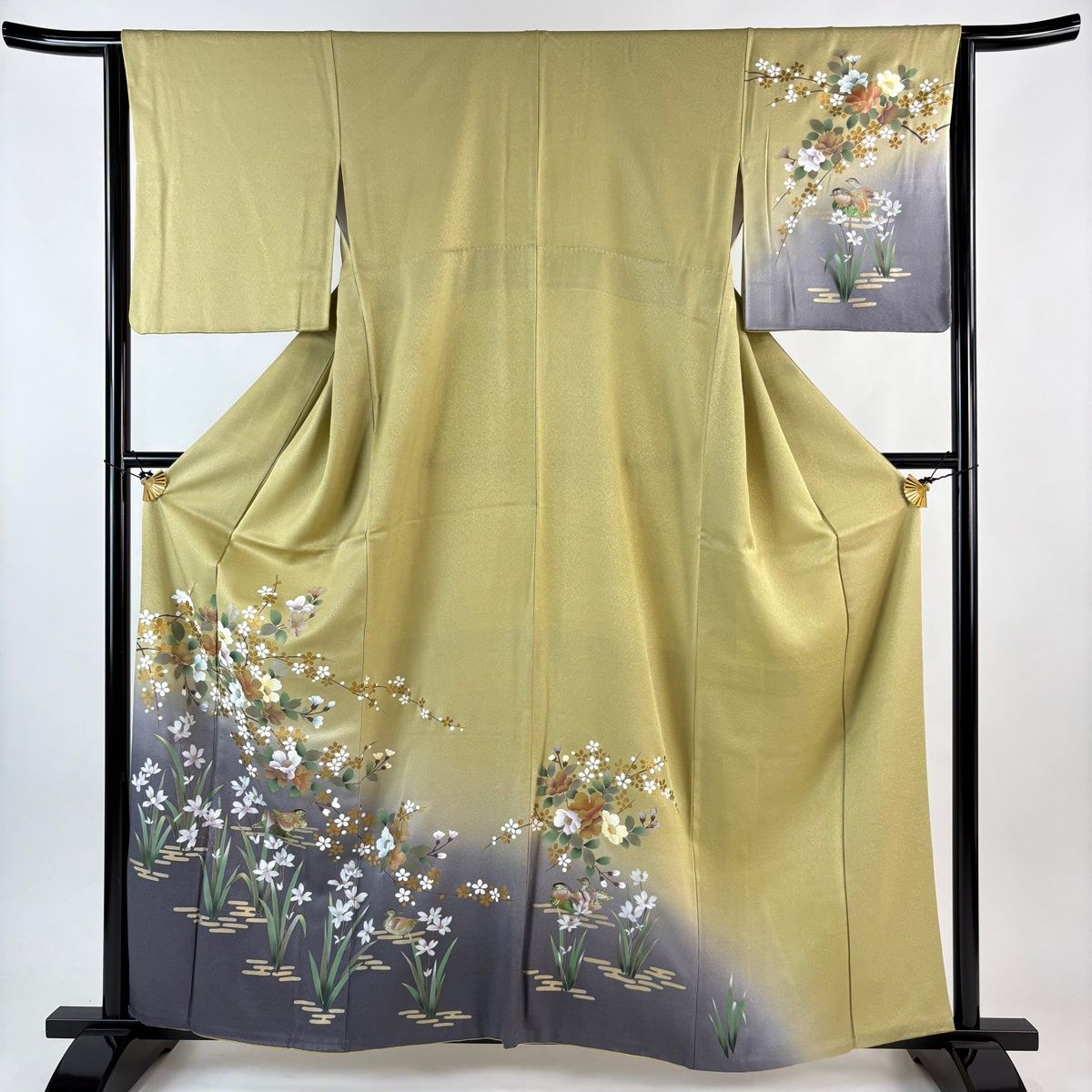 訪問着 身丈160.5cm 裄丈64cm M 袷 草花 鴛鴦 金彩 染め分け ベージュ