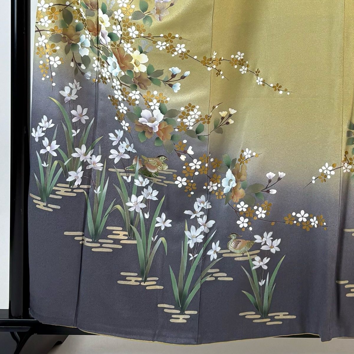 訪問着 身丈160.5 cm 裄丈64 M 袷 草花 鴛鴦 金彩 染め分け ベージュ 正絹 秀品