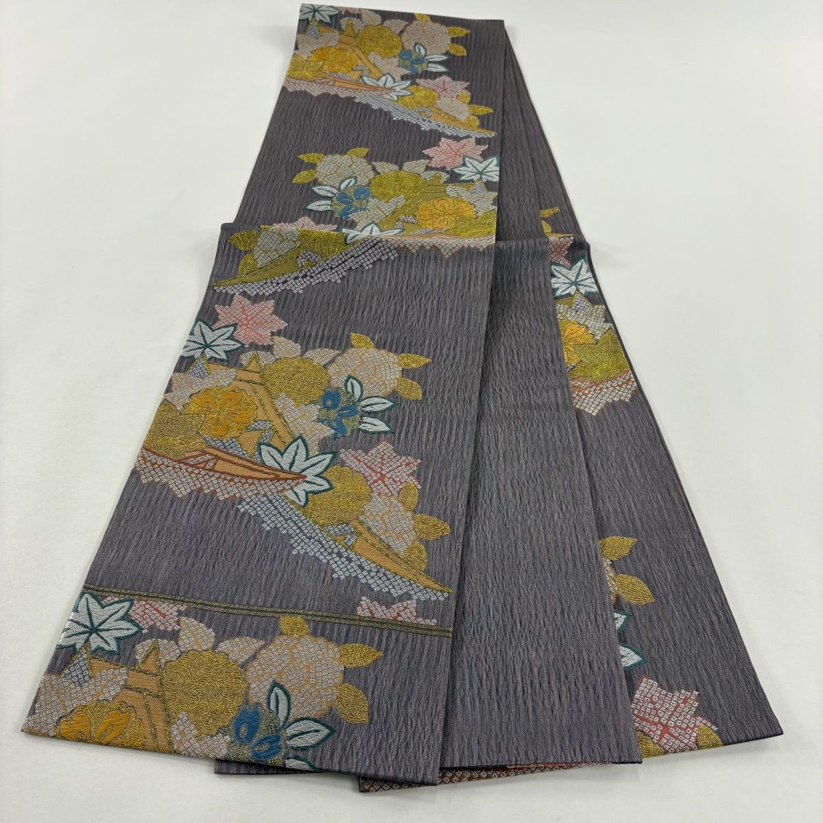 袋帯 秀品 舟 草花 金糸 灰紫 六通 正絹 【中古】 - メルカリ 袋帯 秀品 舟 草花 金糸 灰紫 六通 正絹 【中古】 - メルカリ