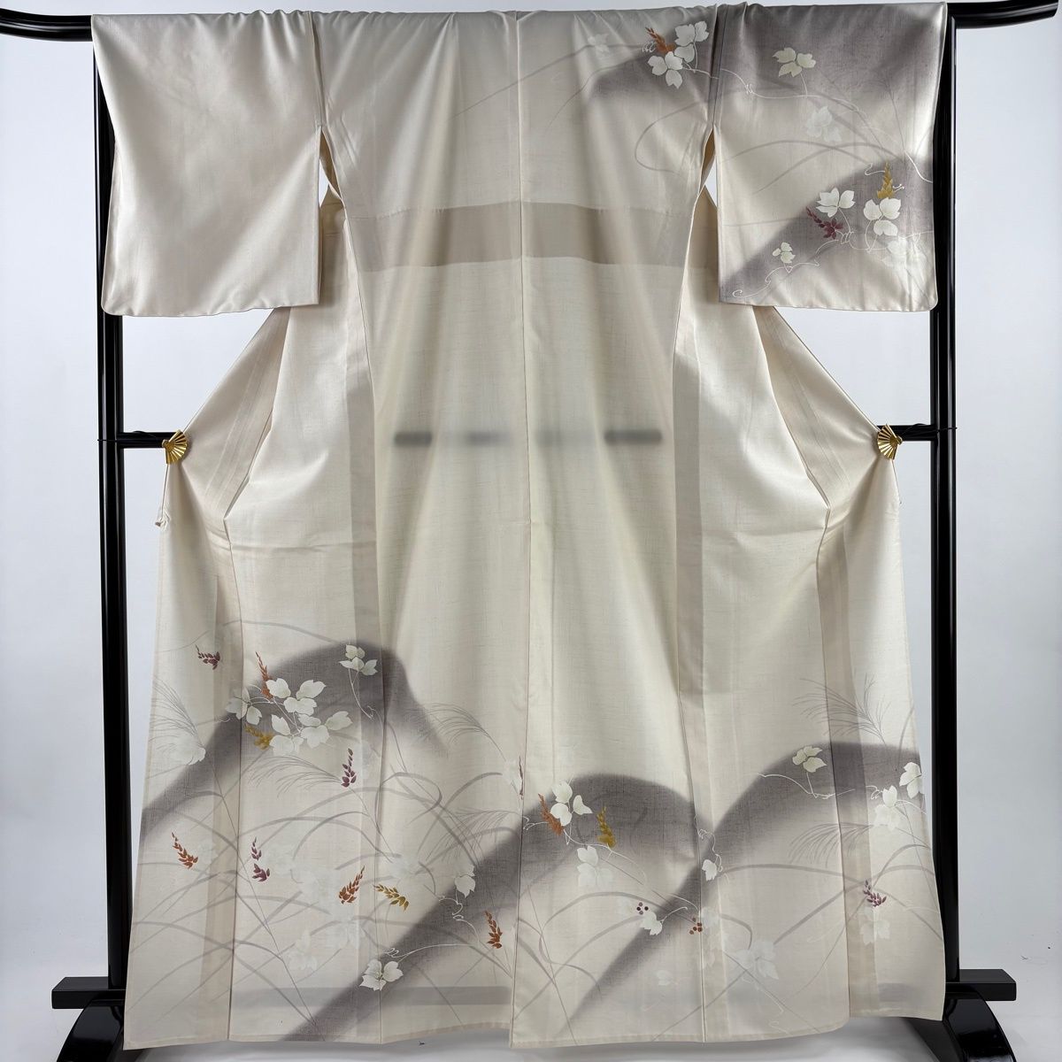 訪問着 身丈163 5 cm 裄丈68 L 単衣 結城紬地 機織り娘 証紙 葉柄 ぼかし クリーム 正絹