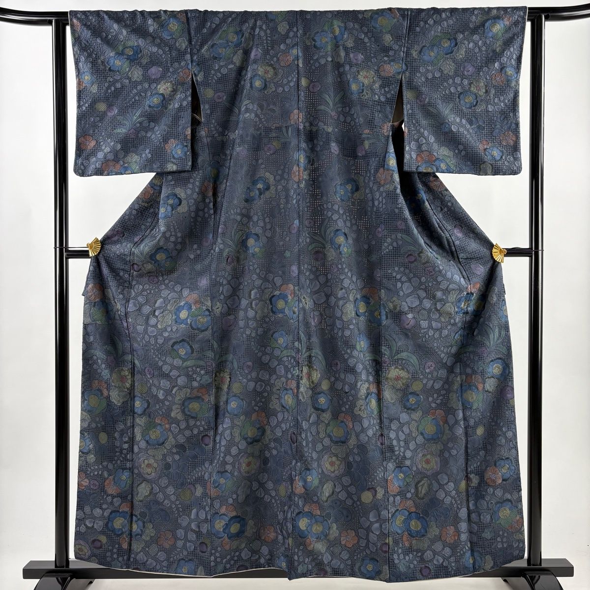 美品】 小紋 身丈159.5cm 裄丈63cm S 袷 草花 格子 刺繍 ぼかし 青緑