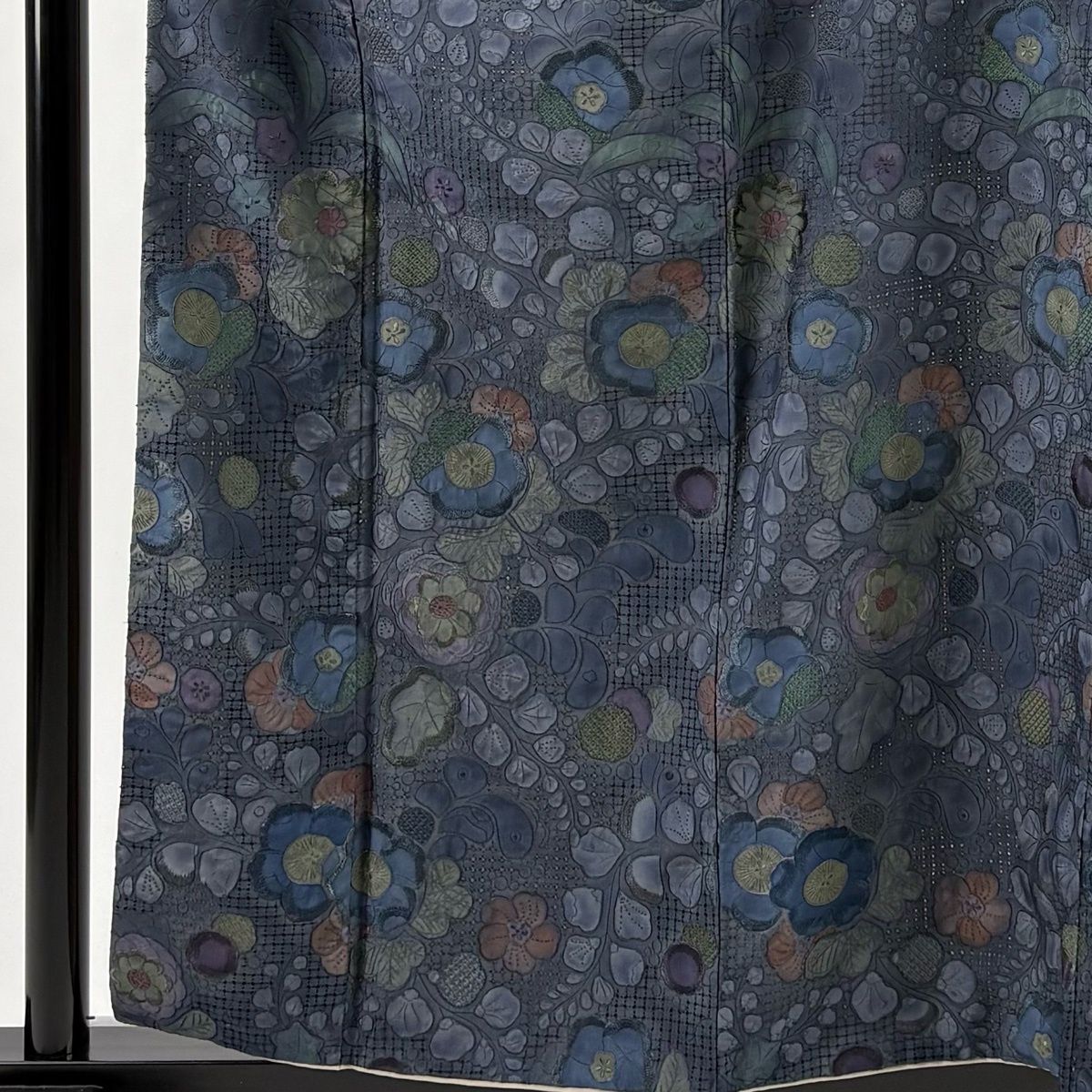 小紋 身丈159.5 cm 裄丈63 S 袷 草花 格子 刺繍 ぼかし 青緑 正絹