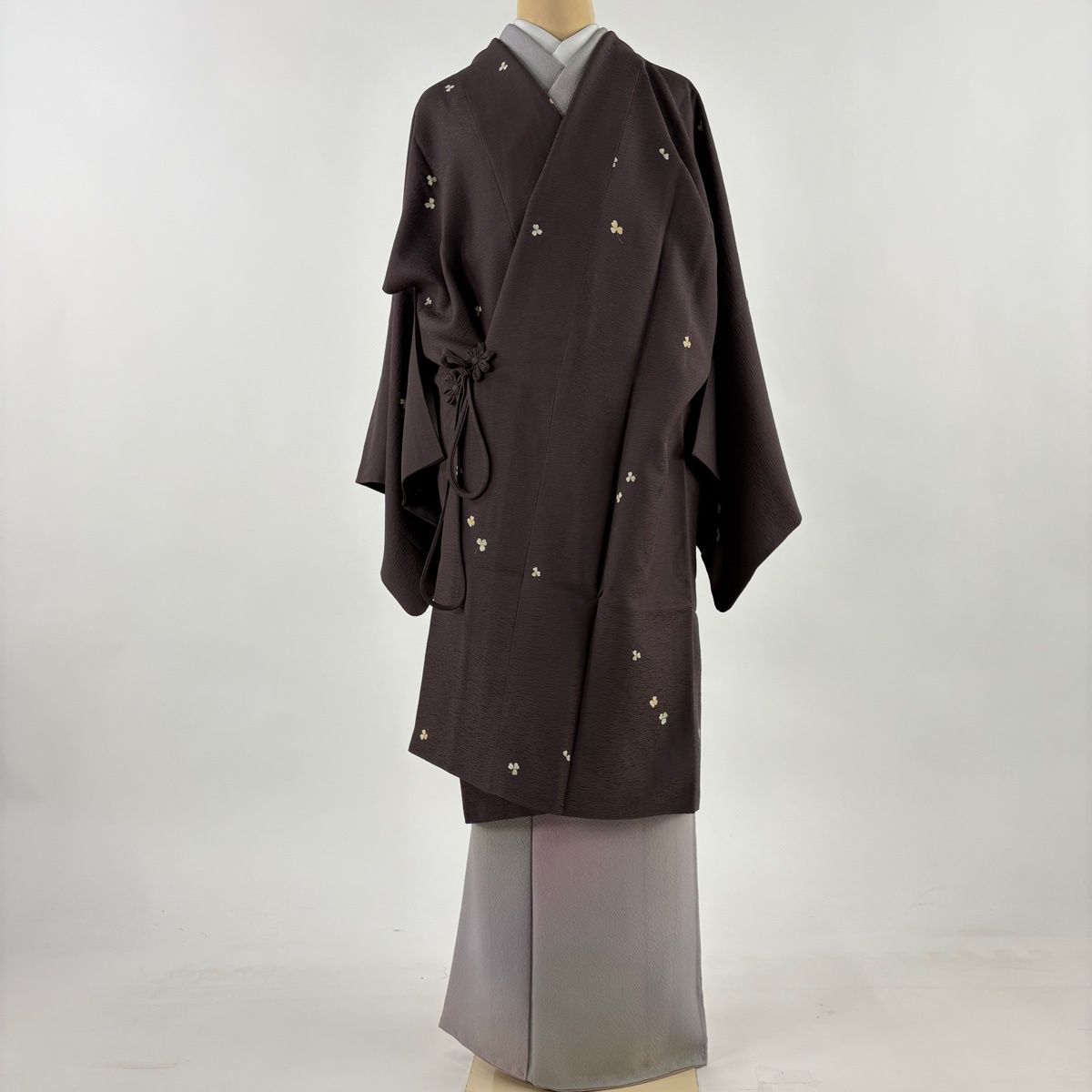 道中着 身丈104.5 cm 裄丈68 L クローバー 金彩 灰茶 正絹