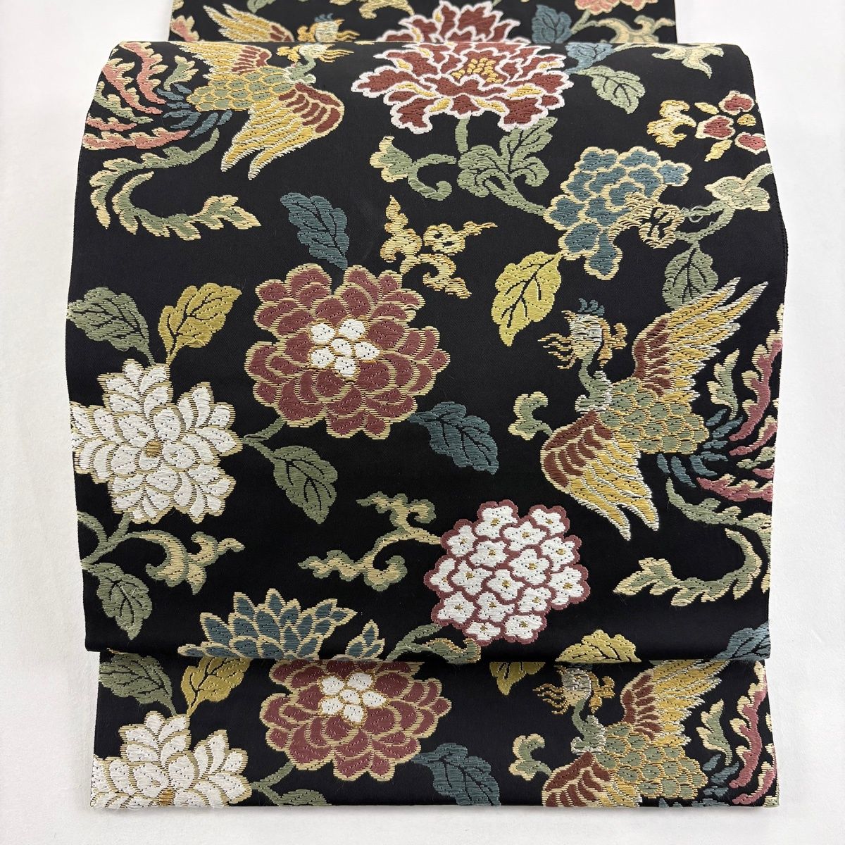 袋帯 逸品 紋屋井関 落款 菊唐草 鳳凰 金糸 唐織 黒 六通 正絹 【中古