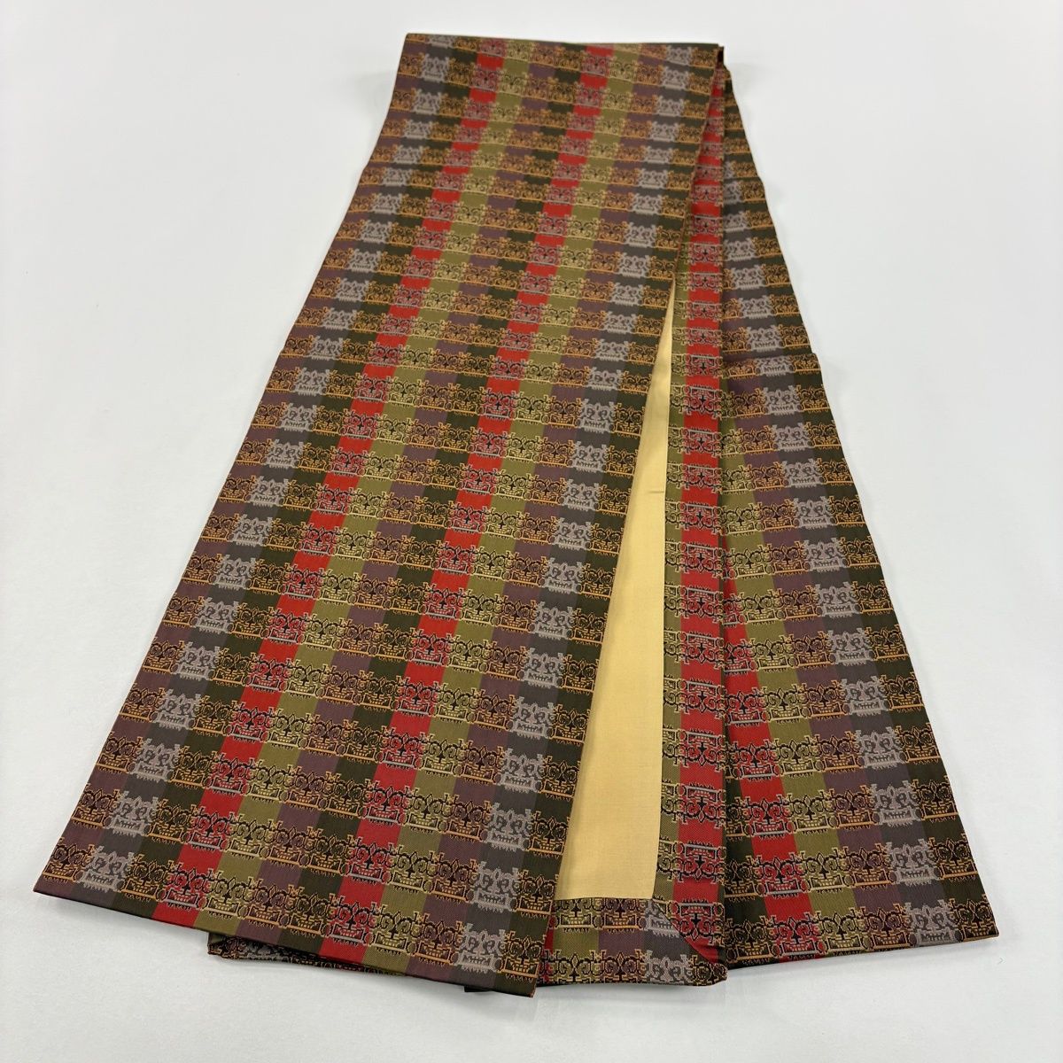  開き名古屋帯 龍村美術織物 比翼仕立て 獅噛文長斑錦 灰紫 正絹 名古屋帯 帯