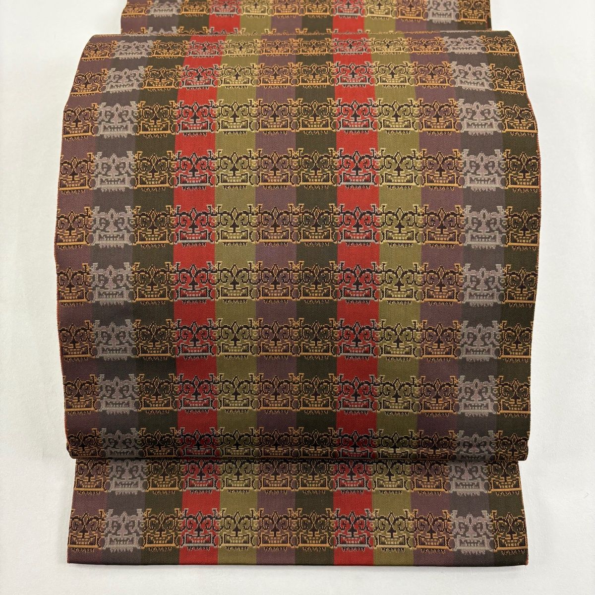 開き名古屋帯 龍村美術織物 比翼仕立て 獅噛文長斑錦 灰紫 正絹